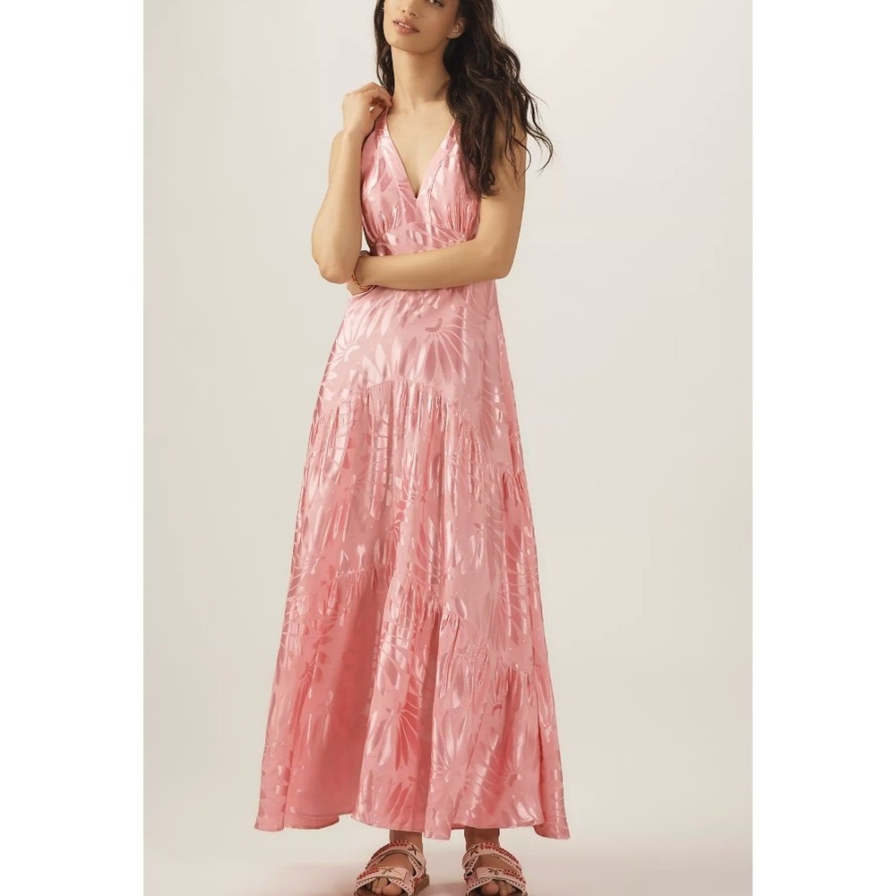 Farm Rio x Anthropologie V-Neck Tiered Maxi Dress in Pink sz XXS Petite
